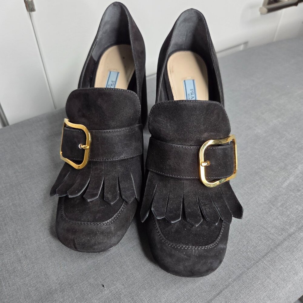 Women's Prada Black Suede Madras Fringe Buckle Slip-On with COA - EU Size 38.5 - Picture 4 of 12